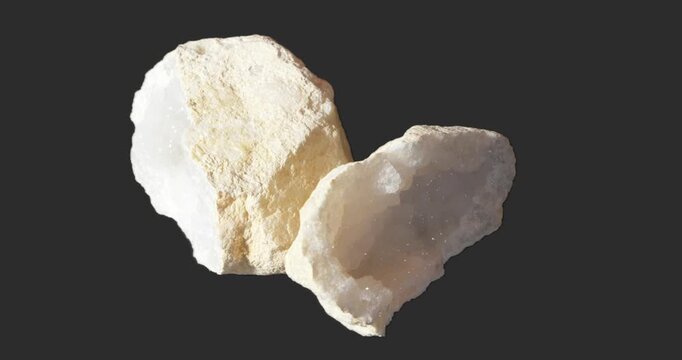 Two halves of a white crystal geode arranged in different positions and rotating on a dark gray background, showing sparkling crystalline cavities and rough beige outer surfaces.