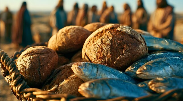 High-resolution artisanal food scene featuring a woven basket filled with rustic bread and freshly caught fish, rich detail in crust textures, flour particles and reflective fish scales, 