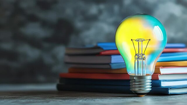 Colorful Glowing Lightbulb in Front of a Stack of Books