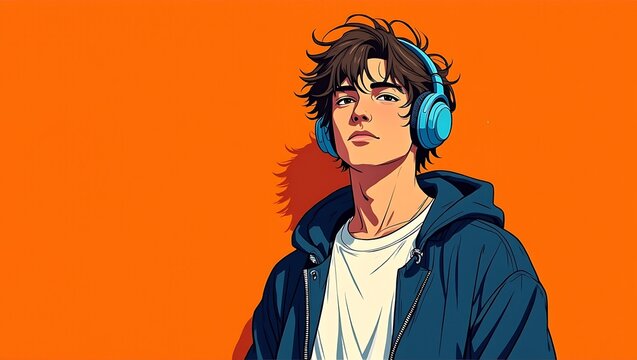 Anime style portrait of a handsome young man with messy hair and blue headphones against a vibrant orange background digital illustration