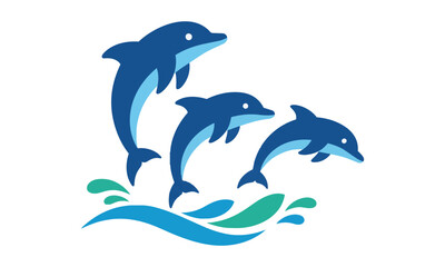 Fototapeta premium Three stylized dolphins leaping from the water with dynamic movement and bold flat colors isolated on white for a freedom and marine life concept