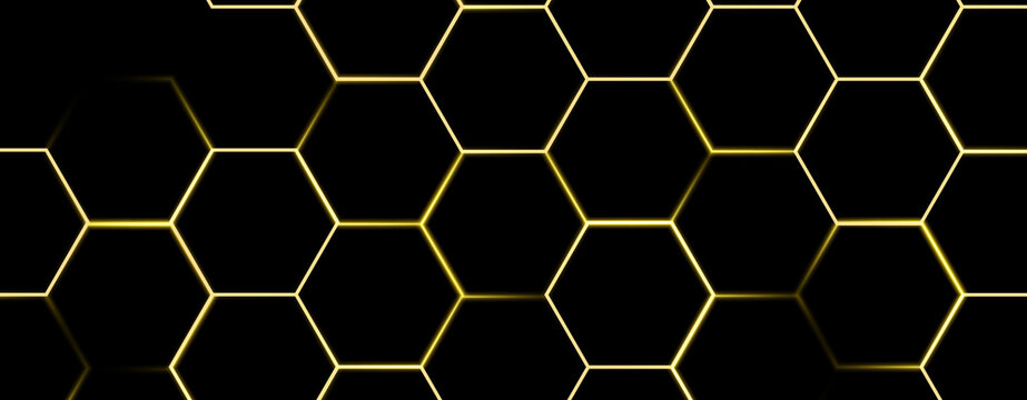 Abstract golden honeycomb outline grid on black background geometric hexagon pattern seamless banner design