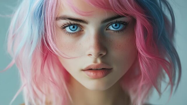 Close-up Portrait of Woman with Pastel Pink Hair and Glowing Blue Eyes