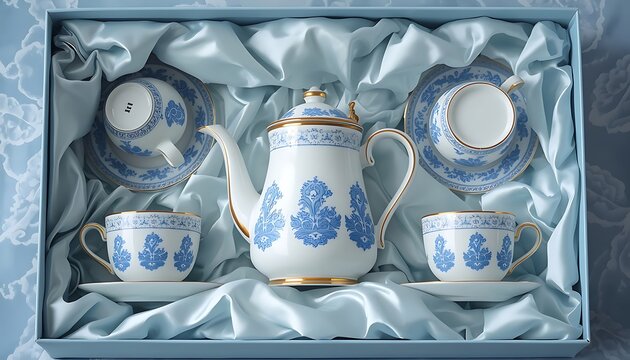 Elegant porcelain tea set boxed on light blue satin fabric including teapot, three cups and saucers decorated with intricate blue floral patterns and gold trim for refined presentation