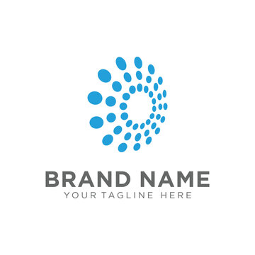 Blue circular halftone logo made of radiating dots forming a dynamic swirl sphere.