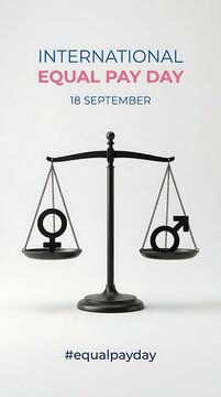 International equal pay day poster with male and female gender symbols on a balancing justice scale graphic sign