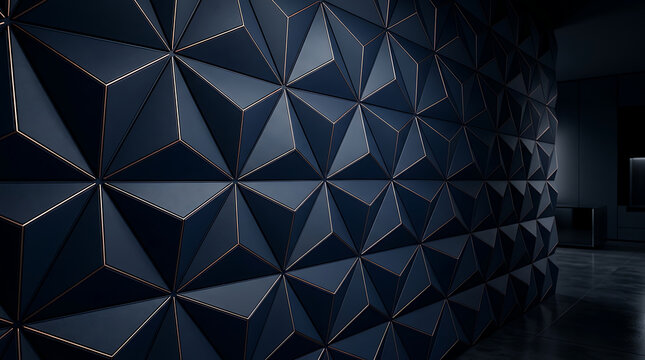 Dark blue geometric 3D wall panel with triangular pattern and dramatic lighting