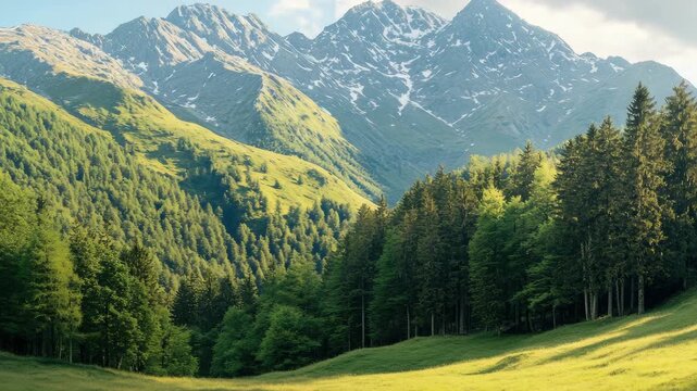 Scenic Alpine Landscape with Pine Forest and Snow-Capped Mountains