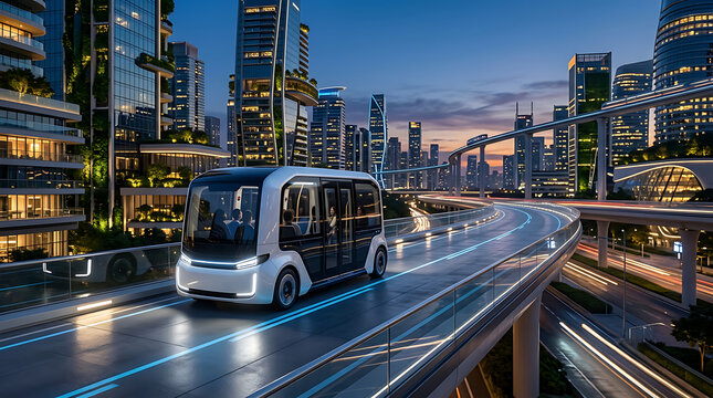 Autonomous electric shuttle bus driving on a modern city highway at twilight.