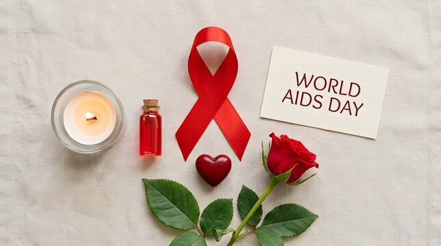 Awareness ribbon with a red rose candle and essential oil for hiv support