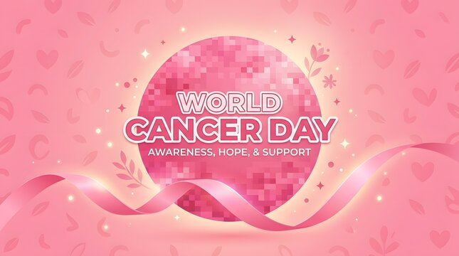 World cancer day concept with pink ribbon and sparkling floral background