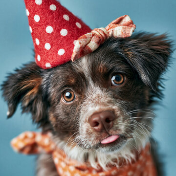 Adorably cute puppy wearing a red polka dot party hat sticking tongue out