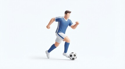 Fototapeta premium 3D illustration of a soccer player in blue uniform dribbling a football on a clean white background
