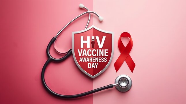 Hiv vaccine awareness day concept with stethoscope shield and red ribbon on pink background