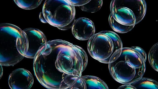 Clear soap bubbles floating in dark space with iridescent reflections during cinematic motion