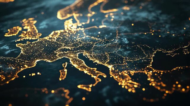 Digital Map of Europe with Glowing City Lights