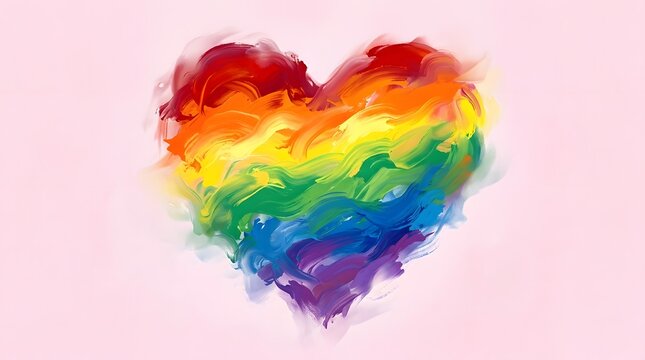 Colorful rainbow heart watercolor painting on a soft pink background