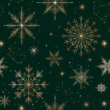 Luxury Christmas seamless pattern with golden snowflakes and stars on dark green background