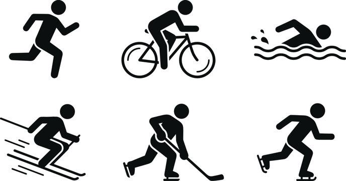 Active athlete stick figure pictogram icon set featuring running cycling swimming skiing hockey and ice skating vector