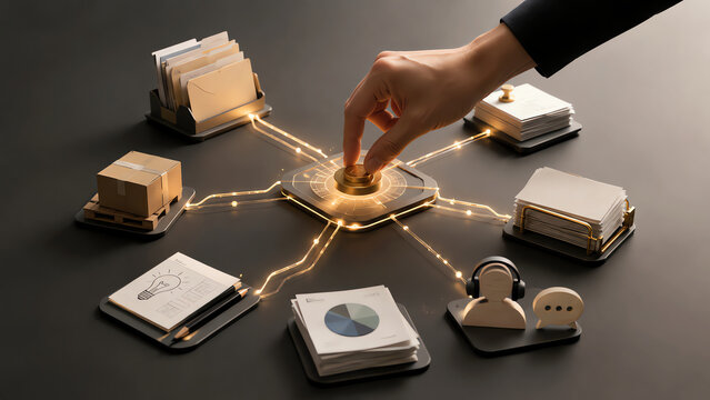 A business person connecting various miniature architectural building models to a central hub representing smart city infrastructure development