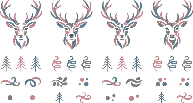 Pastel deer head logo set featuring antlered stags pine trees and decorative flourishes isolated on white background