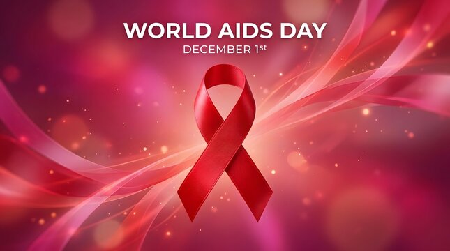 World aids day awareness ribbon with a vibrant abstract background and text