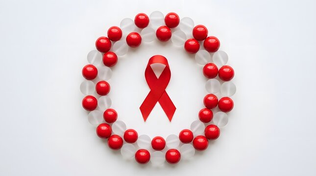 Red ribbon surrounded by red berries symbolizing awareness for hiv and aids prevention