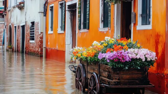 Rustic Wooden Cart with Colorful Flowers in Front of Orange Buildings on a Flooded Street