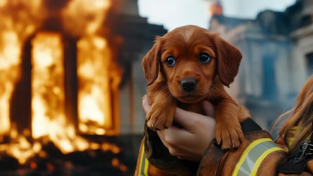 Firefighter Holding a Small Puppy Rescued from a Burning Building