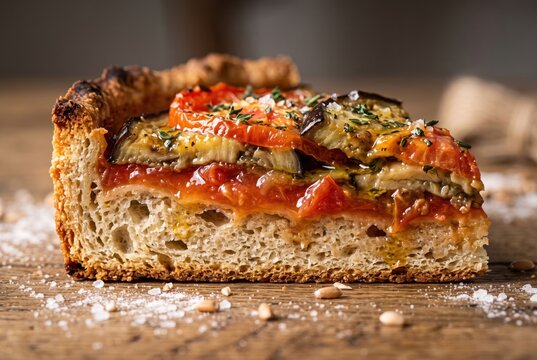 Vegetable focaccia bread slice with roasted toppings