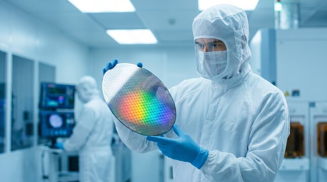 Male Engineer In Cleanroom Suit Examining Silicon Wafer In Semiconductor Manufacturing Facility