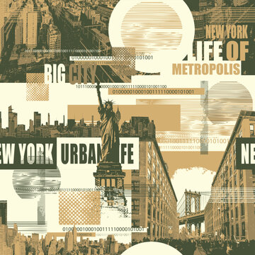 Vector seamless pattern on urban and street art theme with Statue of Liberty, Manhattan Bridge in New York city, city buildings in grunge style. Wallpaper, fabric, t-shirt design, travel postcard