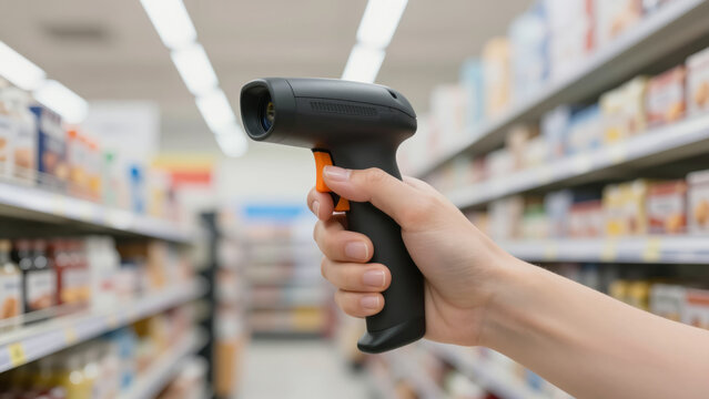 Hand Gripping Black Barcode Scanner - Orange Accent and Trigger for Store Clerk Scanning Sale Items During Black Friday Shopping