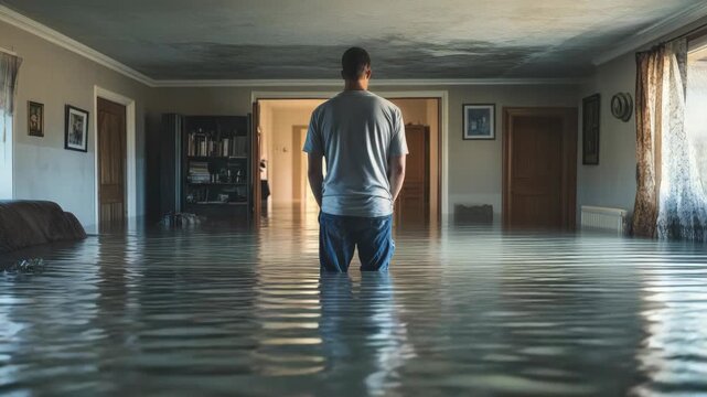 Man standing in a flooded house interior