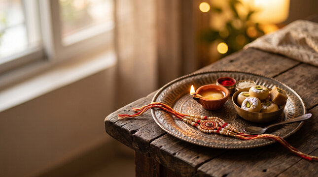 Raksha Bandhan festival thali with rakhi, sweets and diya on wood