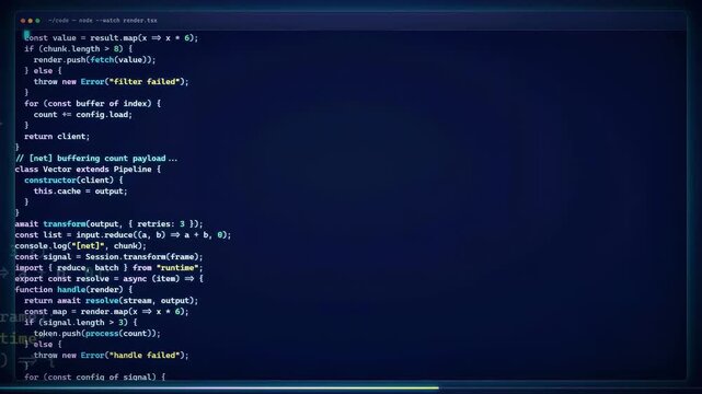 Scrolling Computer Screen Displaying Complex Software Programming Code in a Dark Digital Environment