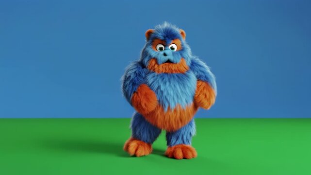 Cute Fuzzy Monster Standing with Open Arms in Studio Lighting with Green Screen Background