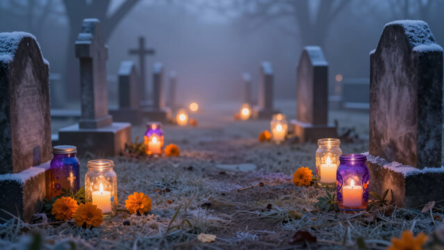 Colorful Candlelit Grave Lanterns - Glowing Glass Jars in Blue, Orange, Purple on Frosty Cemetery Path for Day of the Dead Memorials and Cultural Traditions