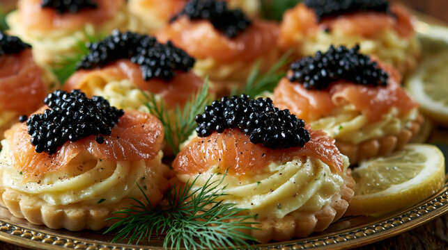 Savory puff pastry canap&eacute;s topped with smoked salmon and black caviar