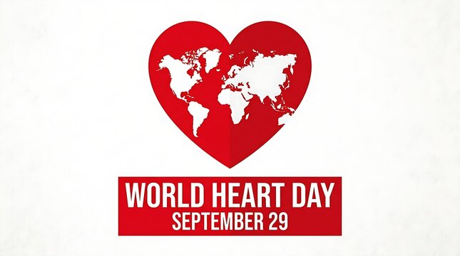 Red heart shape with world map inside for world heart day celebration on september 29 with text banner label