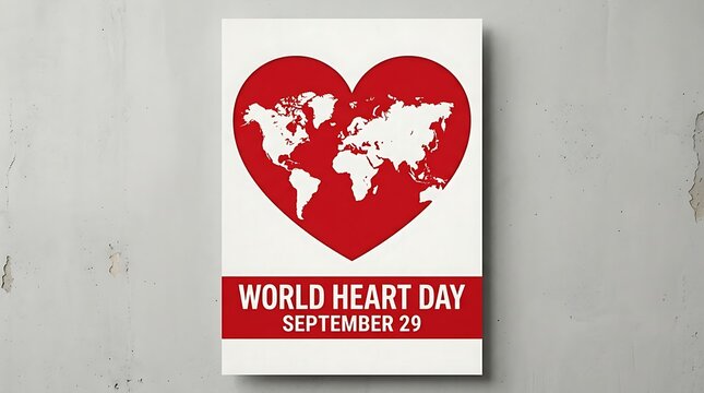 World heart day poster with a red heart shape containing a map of the world for the event on september 29 every year
