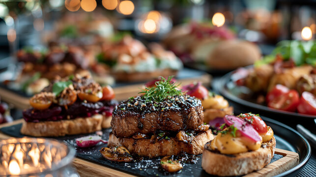 Delicious gourmet burger sliders served on a wooden board at a banquet dinner