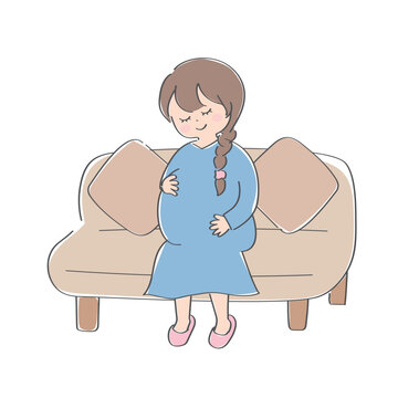 座ってお腹をさする妊婦の女性のかわいい手書きイラスト