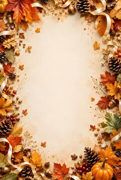 Autumn Leaves Frame with Cozy Seasonal Decorations and Copy Space