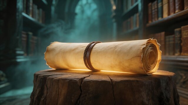 Old tied parchment scroll radiating magical light on a log in an ancient dusty library