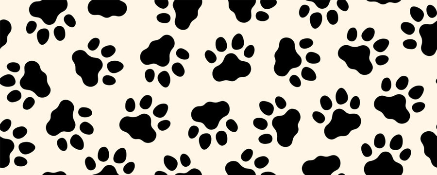Paw Dog Cat Silhouette Seamless Pattern. Dog Pet Footprint Background. Puppy Paw Hand Wallpaper. Vector Animal Bg