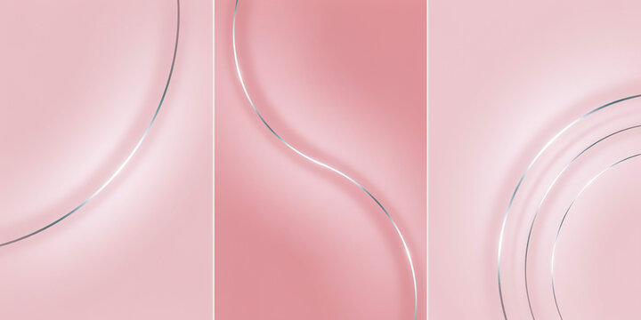 Three vertical panels with soft pink backgrounds and silver curved metallic line accents