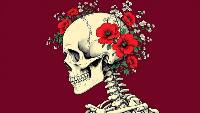 A stylized artistic illustration of a human skull adorned with blooming red poppies and small white flowers on a solid dark red background