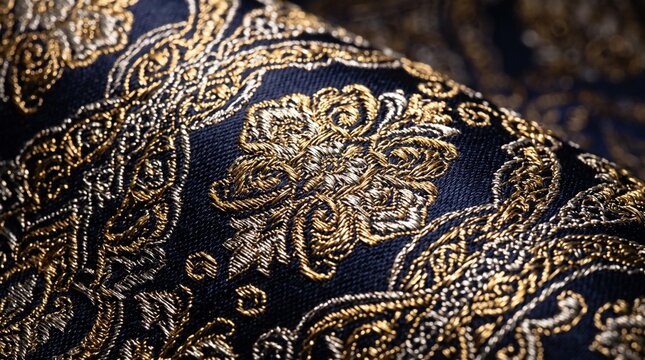Luxury dark blue fabric with intricate gold embroidery and damask pattern luxury textile ornate design brocade cloth royal material traditional weave golden thread decorative motif embroidery