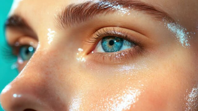 Extreme Close-up of a Woman with Blue Eyes and Facial Serum